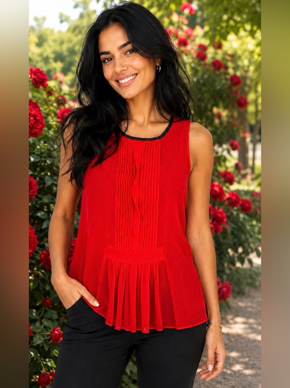 🌹Classy Red Sleeveless Pleated Chiffon Top